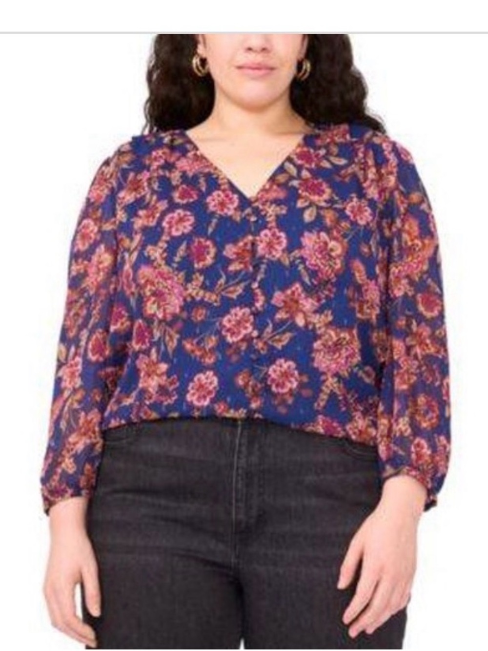 Vince Camuto Navy Floral V-Neck Blouse with Pink and Rust Print